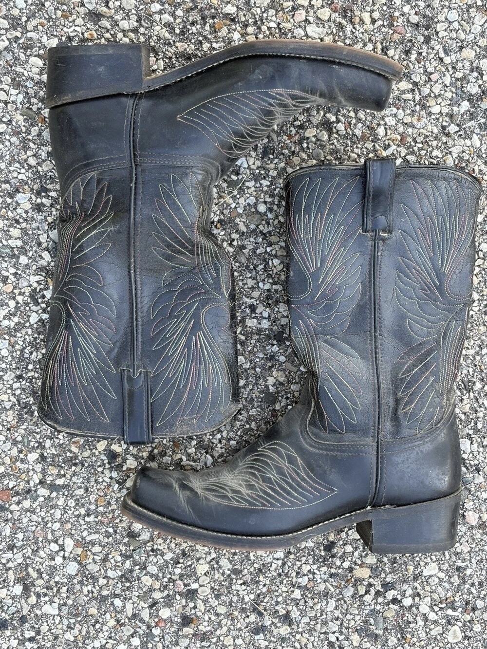 Vintage Cowboy Boots Black Square Toe Stitched Eagle Design Made In USA